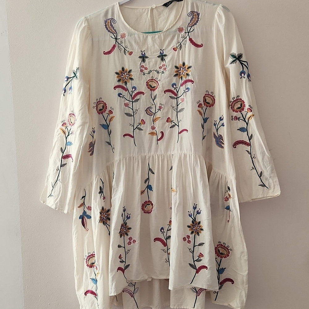 ZARA Mulberry Silk Embroidered Floral High-low Long Sleeve Mini Dress Size L - Picture 3 of 11